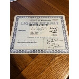 Vintage Liquor Permit Certificate Grocery Beer 1965 Connecticut Ephemera